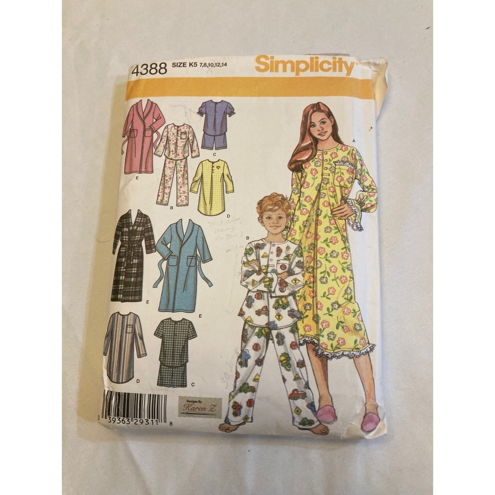 Simplicity 4388 Kids Pajamas Robe Nightshirt Sewing Pattern Size 7-14 Karen Z